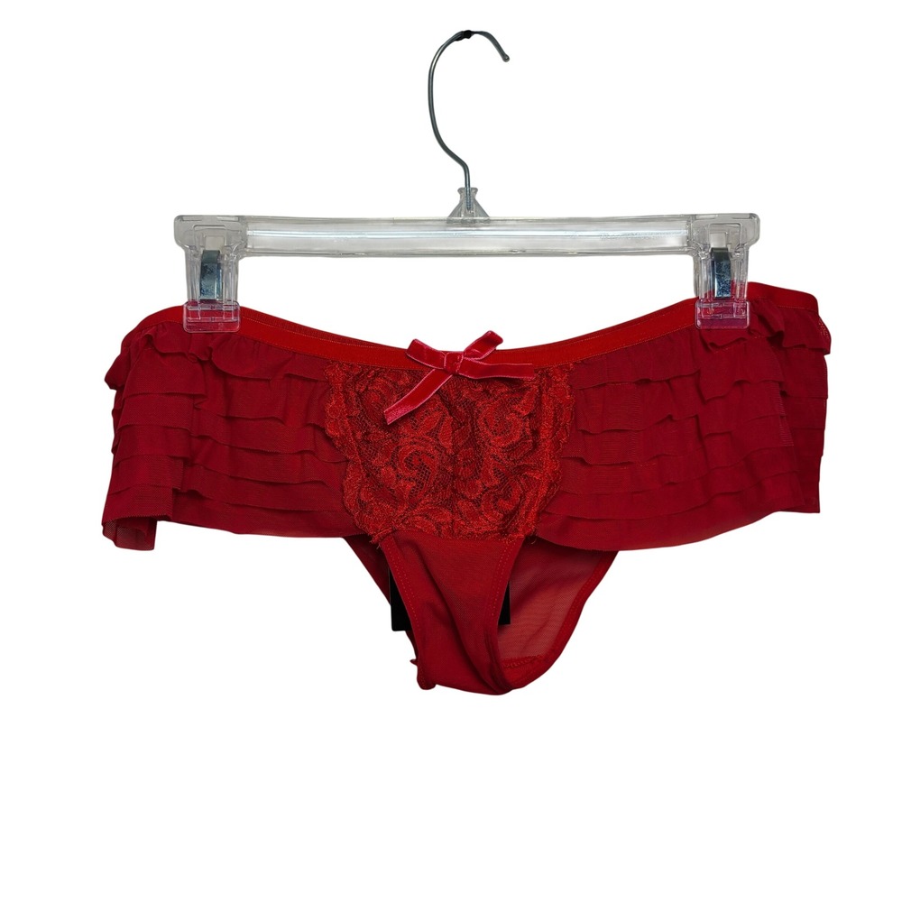 Jolie‎ Collection Red Ruffle Mesh Lace Bow Panties L Sheer